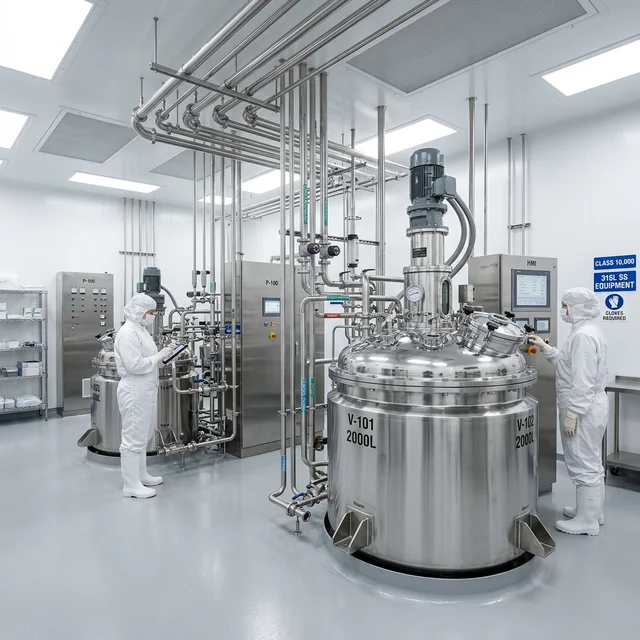 Reactores y tanques de Acero Inoxidable 316L en planta farmacéutica