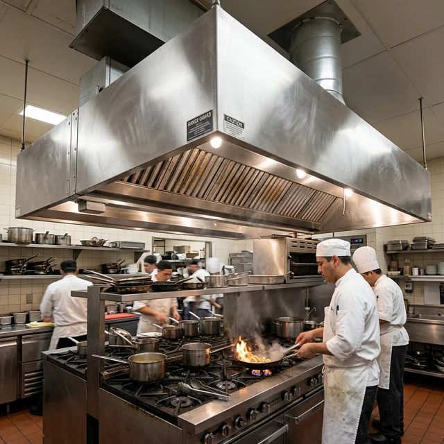 Campana extractora de Acero Inoxidable en cocina de restaurante